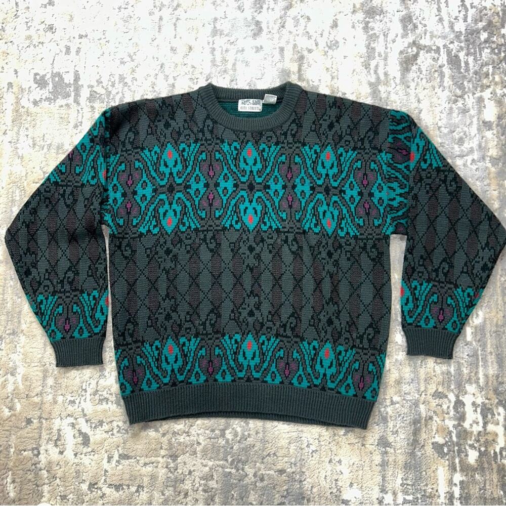 VTG 80s City Streets Geometric Dad Sweater Coogi Style Large